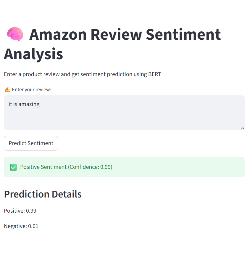 Amazon Review Sentiment Analysis application predicting positive sentiment with 99 percent confidence